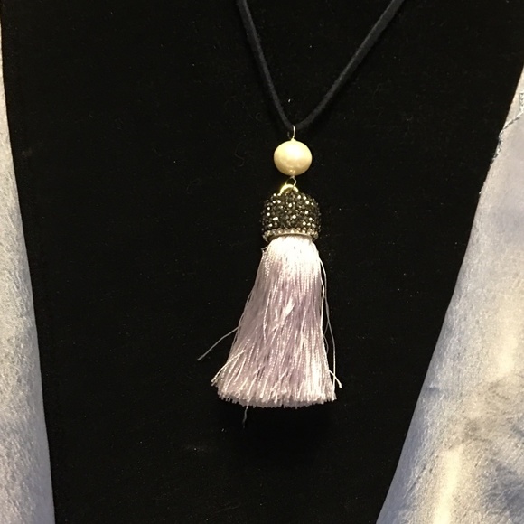 Pearl, Hematite and Lavender Silk Pendant on Black Satin Thong. - Picture 1 of 1